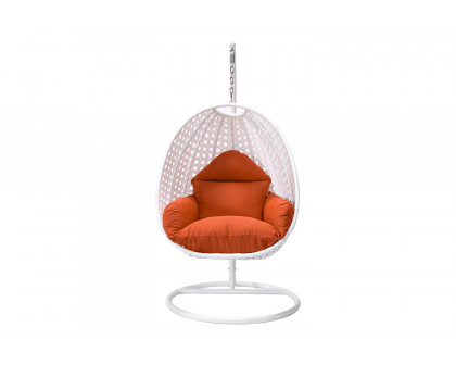 LeisureMod White Wicker Hanging Single Egg Swing Chair with Cushions - Orange