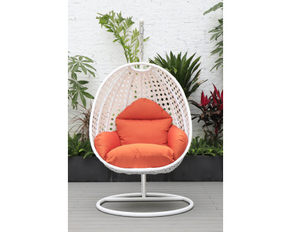 LeisureMod White Wicker Hanging Single Egg Swing Chair with Cushions - Orange