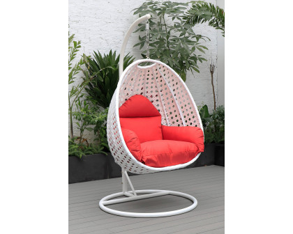 LeisureMod White Wicker Hanging Single Egg Swing Chair with Cushions - Red