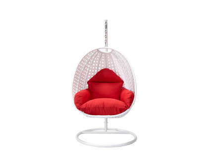 LeisureMod White Wicker Hanging Single Egg Swing Chair with Cushions - Red