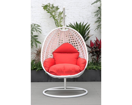 LeisureMod White Wicker Hanging Single Egg Swing Chair with Cushions - Red