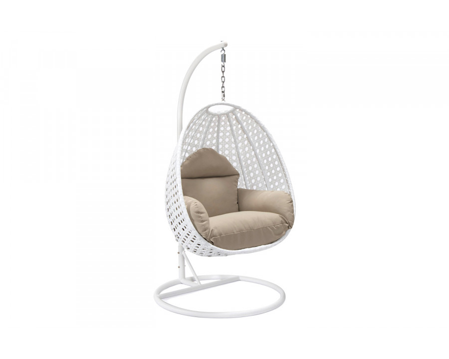 LeisureMod White Wicker Hanging Single Egg Swing Chair with Cushions - Taupe