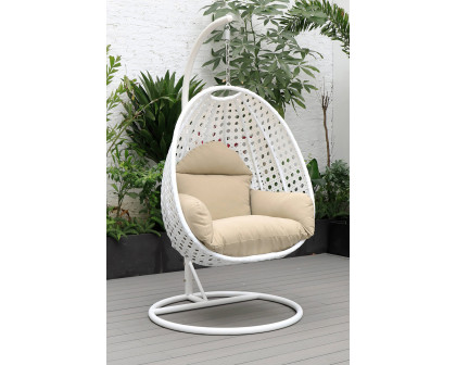 LeisureMod White Wicker Hanging Single Egg Swing Chair with Cushions - Taupe