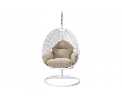 LeisureMod White Wicker Hanging Single Egg Swing Chair with Cushions - Taupe