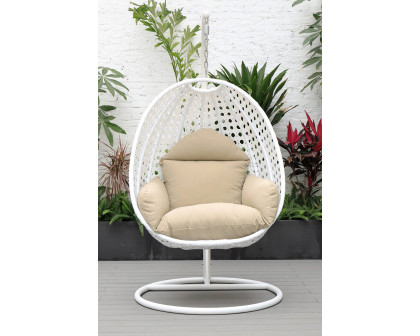 LeisureMod White Wicker Hanging Single Egg Swing Chair with Cushions - Taupe