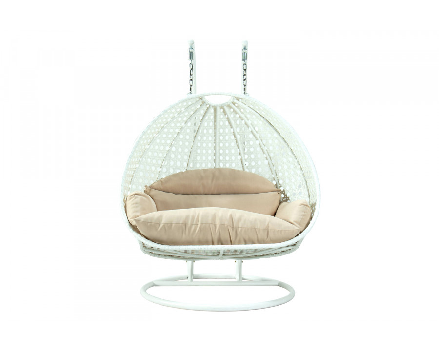 LeisureMod Modern White Wicker Hanging Double Seater Egg Swing Chair - Beige