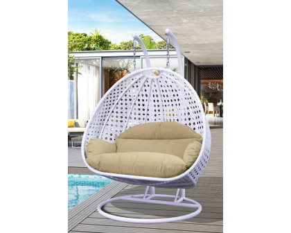 LeisureMod Modern White Wicker Hanging Double Seater Egg Swing Chair - Beige