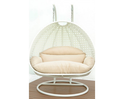 LeisureMod Modern White Wicker Hanging Double Seater Egg Swing Chair - Beige