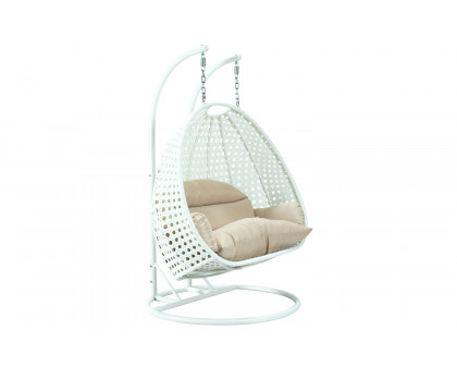 LeisureMod Modern White Wicker Hanging Double Seater Egg Swing Chair - Beige