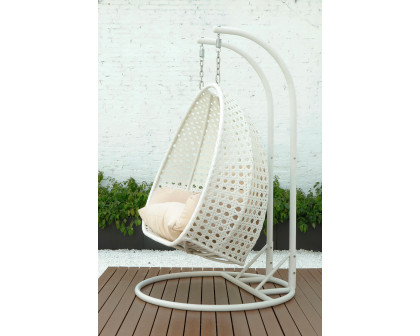 LeisureMod Modern White Wicker Hanging Double Seater Egg Swing Chair - Beige