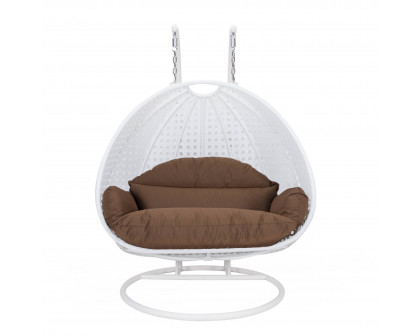 LeisureMod Modern Beige Wicker Hanging Double Seater Egg Swing Chair