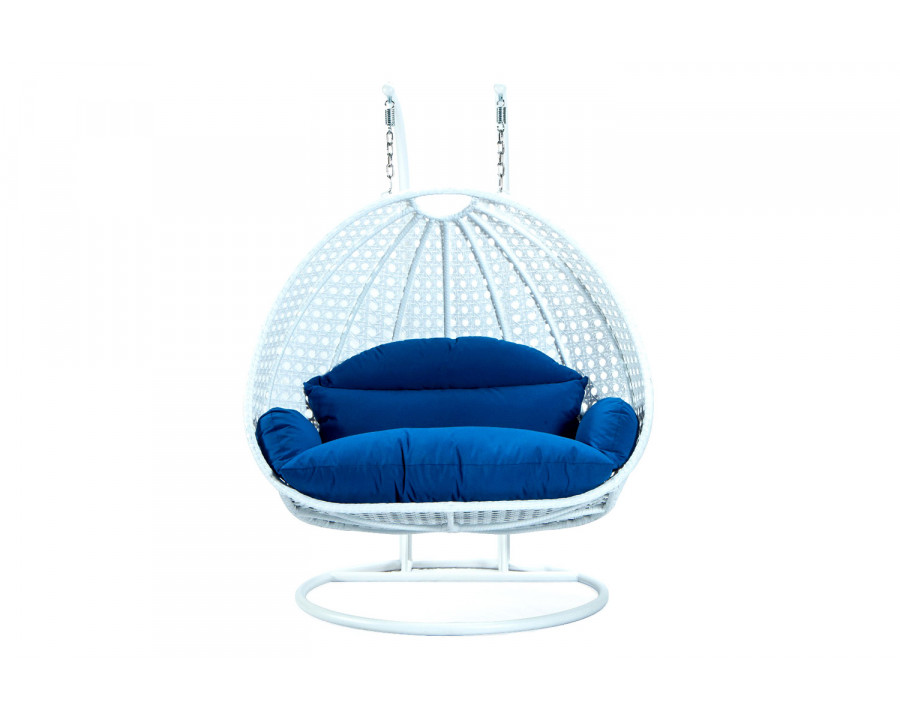 LeisureMod Modern White Wicker Hanging Double Seater Egg Swing Chair - Blue