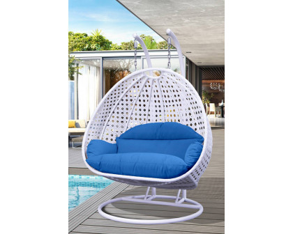 LeisureMod Modern White Wicker Hanging Double Seater Egg Swing Chair - Blue