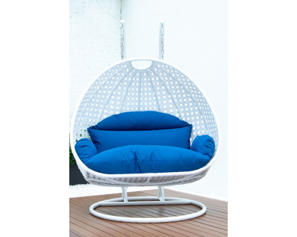 LeisureMod Modern White Wicker Hanging Double Seater Egg Swing Chair - Blue