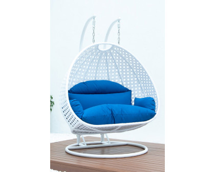 LeisureMod Modern White Wicker Hanging Double Seater Egg Swing Chair - Blue