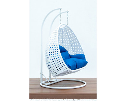 LeisureMod Modern White Wicker Hanging Double Seater Egg Swing Chair - Blue