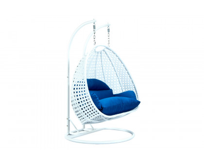 LeisureMod Modern White Wicker Hanging Double Seater Egg Swing Chair - Blue