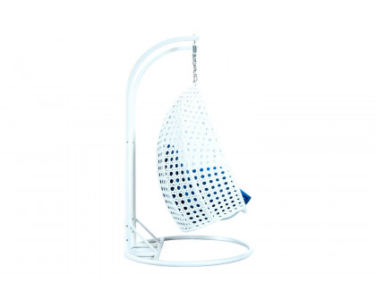 LeisureMod Modern White Wicker Hanging Double Seater Egg Swing Chair - Blue