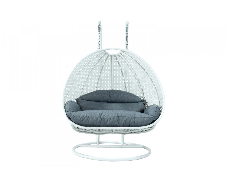 LeisureMod Modern White Wicker Hanging Double Seater Egg Swing Chair - Charcoal/Blue