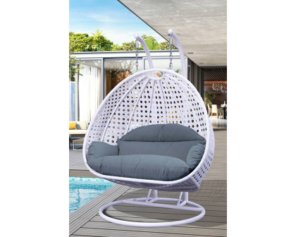 LeisureMod Modern White Wicker Hanging Double Seater Egg Swing Chair - Charcoal/Blue