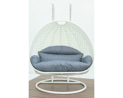 LeisureMod Modern White Wicker Hanging Double Seater Egg Swing Chair - Charcoal/Blue