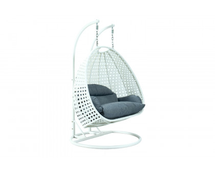 LeisureMod Modern White Wicker Hanging Double Seater Egg Swing Chair - Charcoal/Blue