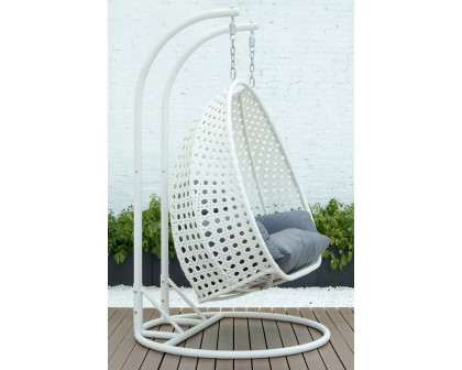 LeisureMod Modern White Wicker Hanging Double Seater Egg Swing Chair - Charcoal/Blue