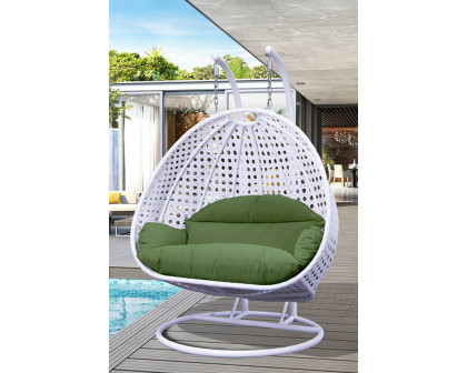 LeisureMod Modern White Wicker Hanging Double Seater Egg Swing Chair - Dark Green