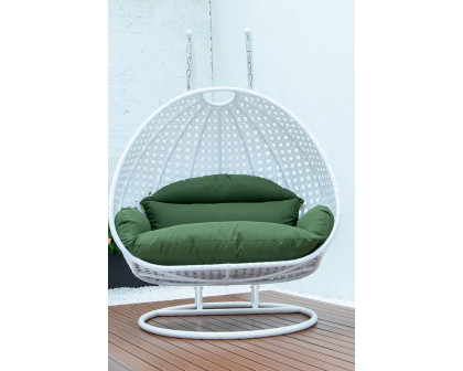 LeisureMod Modern White Wicker Hanging Double Seater Egg Swing Chair - Dark Green