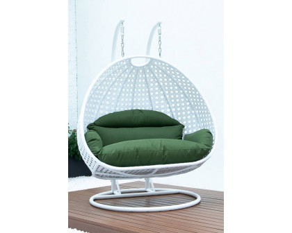 LeisureMod Modern White Wicker Hanging Double Seater Egg Swing Chair - Dark Green