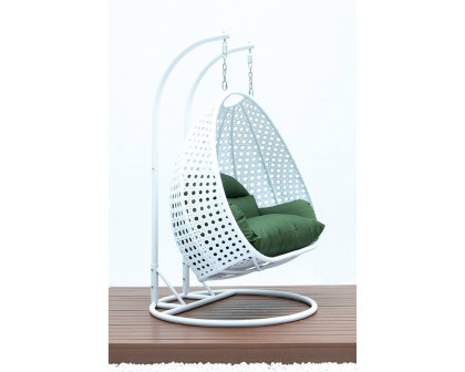 LeisureMod Modern White Wicker Hanging Double Seater Egg Swing Chair - Dark Green