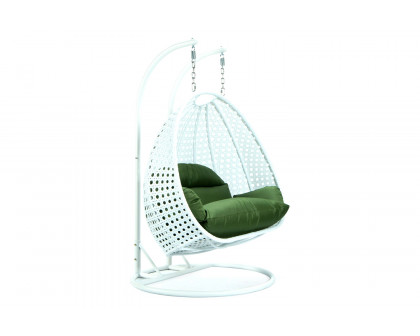 LeisureMod Modern White Wicker Hanging Double Seater Egg Swing Chair - Dark Green