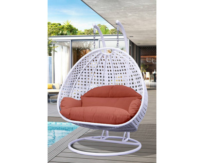 LeisureMod Modern White Wicker Hanging Double Seater Egg Swing Chair - Dark Orange