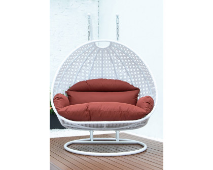 LeisureMod Modern White Wicker Hanging Double Seater Egg Swing Chair - Dark Orange