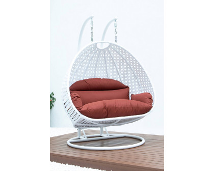 LeisureMod Modern White Wicker Hanging Double Seater Egg Swing Chair - Dark Orange