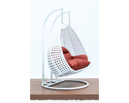 LeisureMod Modern White Wicker Hanging Double Seater Egg Swing Chair - Dark Orange