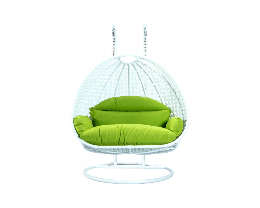 LeisureMod Modern White Wicker Hanging Double Seater Egg Swing Chair - Light Green