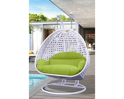 LeisureMod Modern White Wicker Hanging Double Seater Egg Swing Chair - Light Green