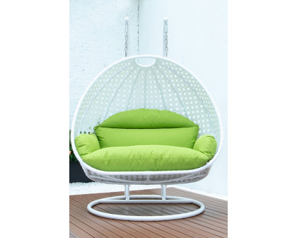 LeisureMod Modern White Wicker Hanging Double Seater Egg Swing Chair - Light Green