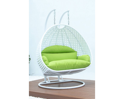 LeisureMod Modern White Wicker Hanging Double Seater Egg Swing Chair - Light Green