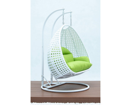 LeisureMod Modern White Wicker Hanging Double Seater Egg Swing Chair - Light Green