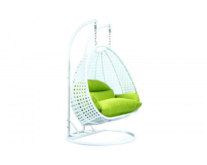 LeisureMod Modern White Wicker Hanging Double Seater Egg Swing Chair - Light Green