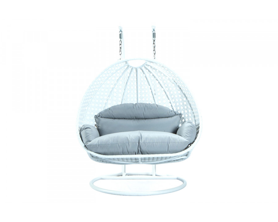 LeisureMod Modern White Wicker Hanging Double Seater Egg Swing Chair - Light Gray