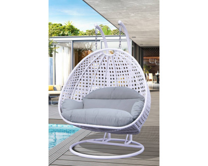 LeisureMod Modern White Wicker Hanging Double Seater Egg Swing Chair - Light Gray