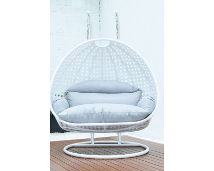 LeisureMod Modern White Wicker Hanging Double Seater Egg Swing Chair - Light Gray