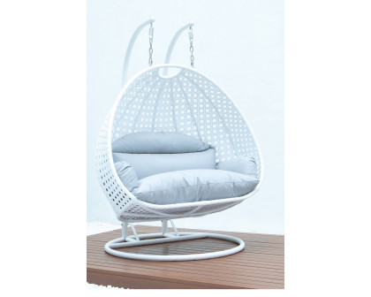 LeisureMod Modern White Wicker Hanging Double Seater Egg Swing Chair - Light Gray