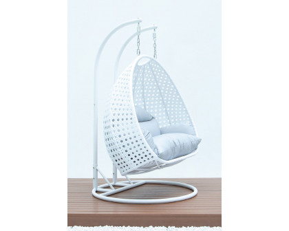 LeisureMod Modern White Wicker Hanging Double Seater Egg Swing Chair - Light Gray