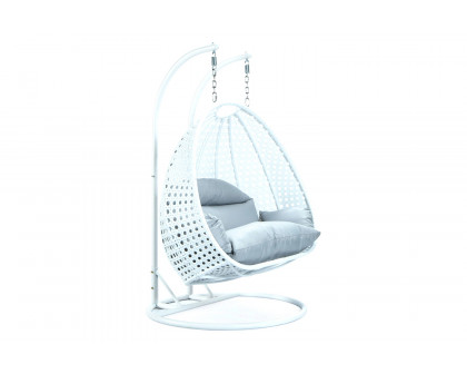 LeisureMod Modern White Wicker Hanging Double Seater Egg Swing Chair - Light Gray