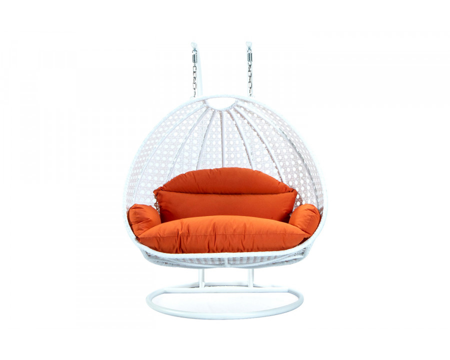 LeisureMod Modern White Wicker Hanging Double Seater Egg Swing Chair - Orange