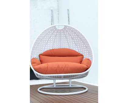 LeisureMod Modern White Wicker Hanging Double Seater Egg Swing Chair - Orange